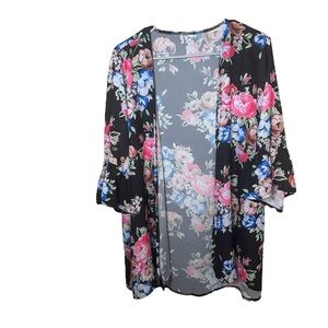 Floral Black Open-Front Kimono Cardigan - Women's Top